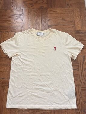 Ami Cream Short-Sleeve Tee with Small Red Heart Logo